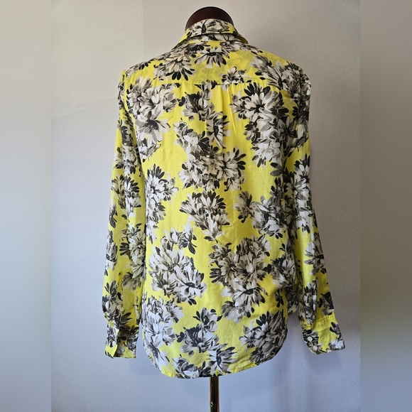 J.CREW Silk And Cotton Blend Yellow Blouse With A Floral Grey Pattern. Size 2 - Picture 6 of 12